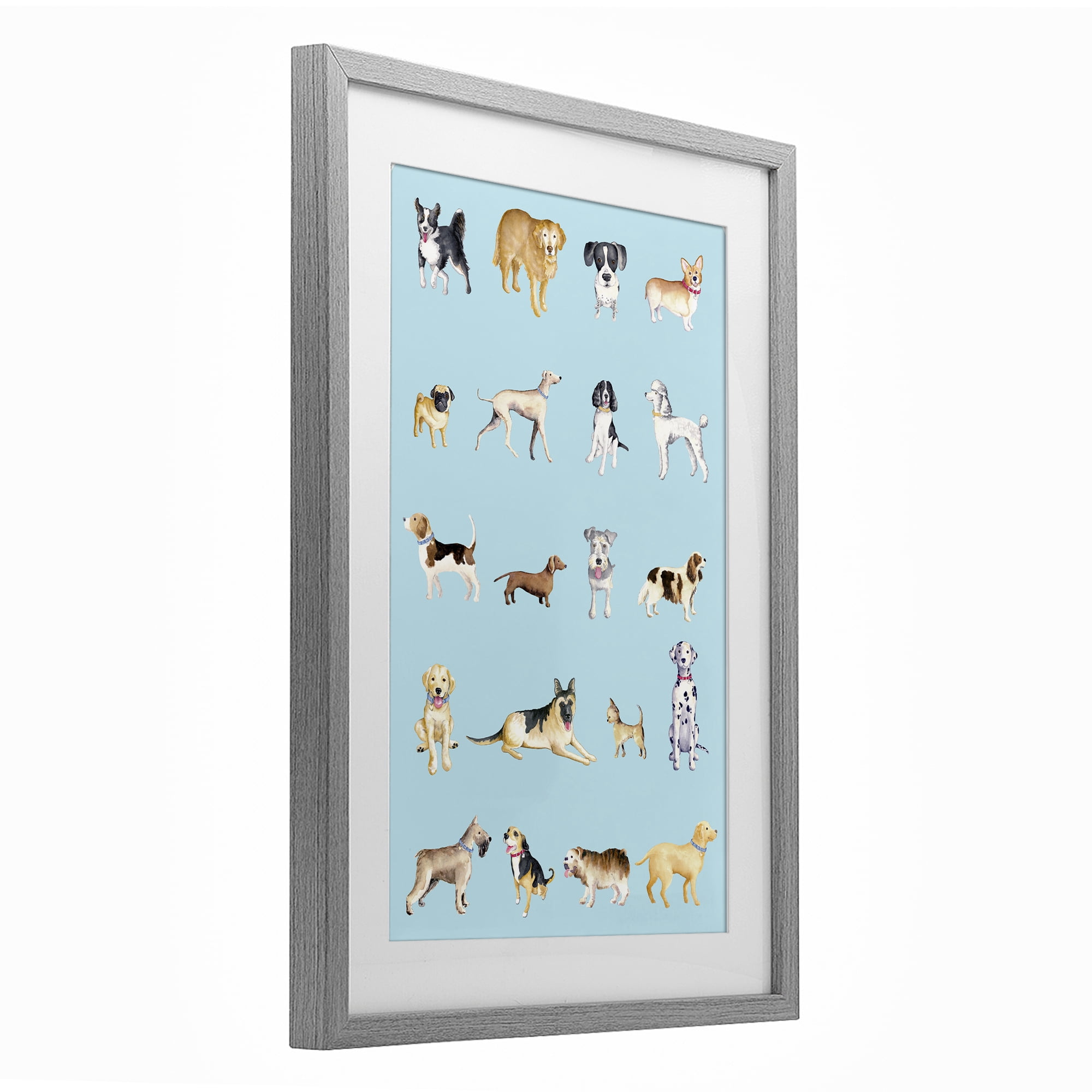 Stupell Industries Dog Breeds on Blue Gray Framed Print Under Glass, design by Andi Metz
