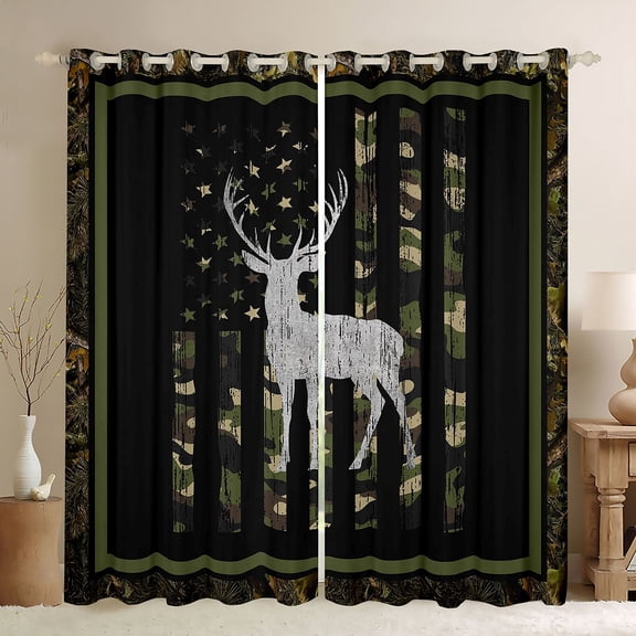 Manfei Woodland Deer Moose Kitchen Curtains, Retro US Flag Black Out Curtains Pack of 2 (42x63 Each), Green Black