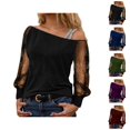 thumbnail image 1 of Sparkle Tops for Women 2026 Spring Fashionable Y2K Long Sleeve Off Shoulder Mesh T Shirts Going out Tops Rave Outfit, 1 of 4