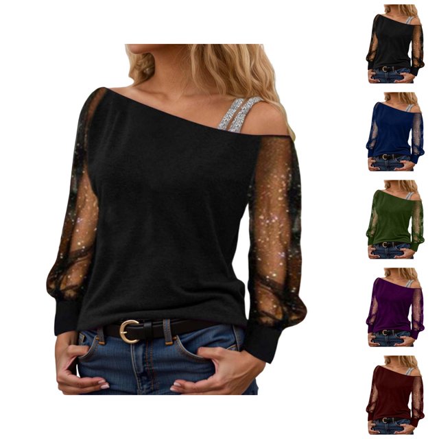 Sparkle Tops for Women 2026 Spring Fashionable Y2K Long Sleeve Off Shoulder Mesh T Shirts Going out Tops Rave Outfit