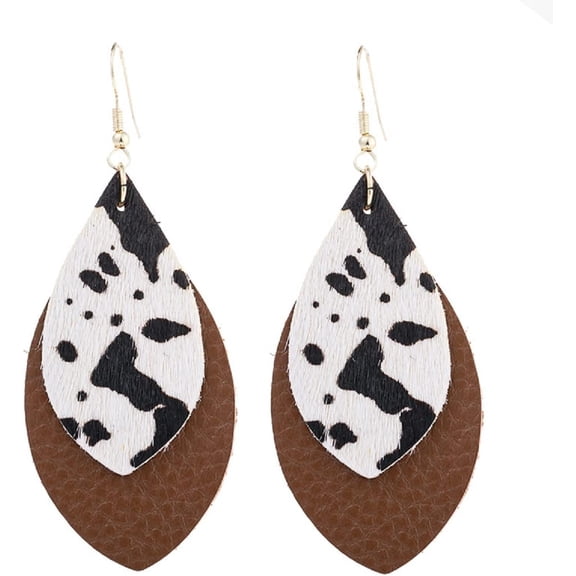 Faux Leather Cow Print Teardrop Leaf Drop Dangle Earrings Floral Hook Star Round for Women Lightweight Handmade Aesthetic Jewelry-Brown Layered