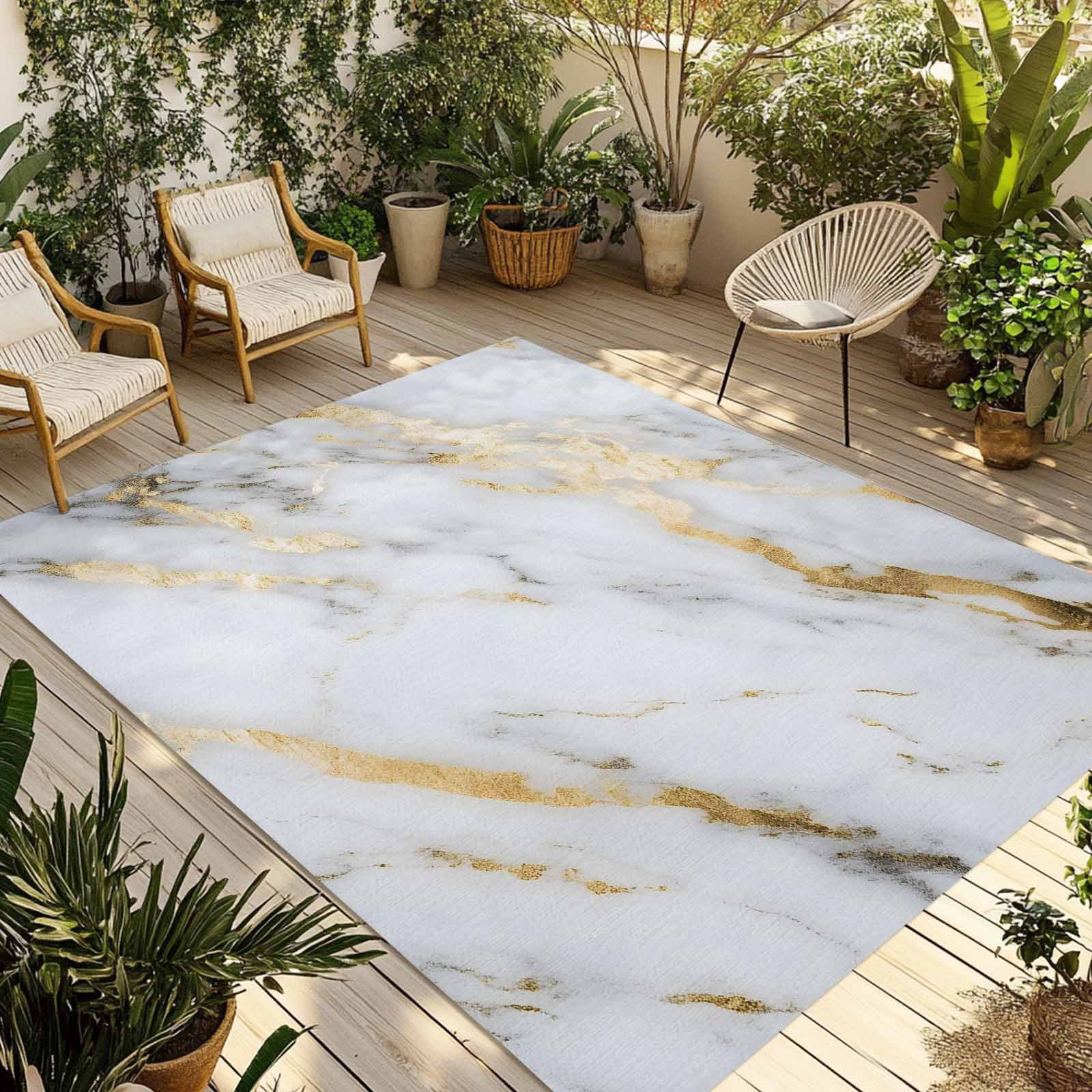Outdoor Rug 5x8ft Ombre White Golden Marble Large Area Rug Abstract Art Indoor Outdoor Carpet Outdoor Rugs Mats for Patio Camping,RV,Front Door, Outside Decor