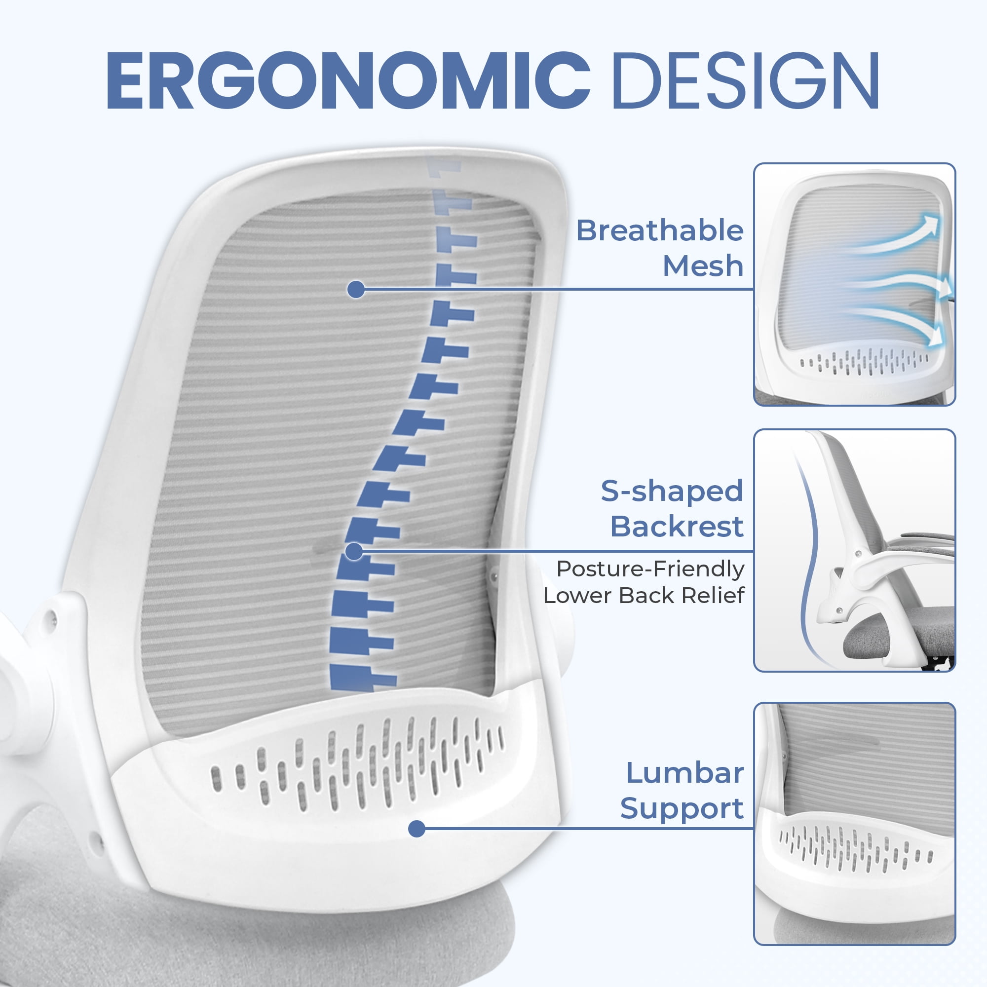 CELTOSS Ergonomic Office Chair, Flip-Up Arms, Adjustable Lumbar Support, Grey