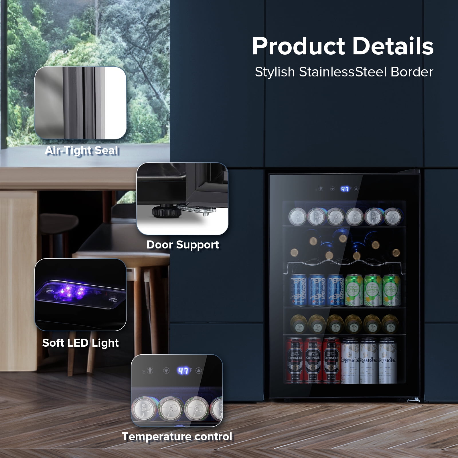 Auseo 145 Cans Beverage Refrigerator Cooler, 4.5 Cu.ft Mini Fridge, Black Glass Door, Adjustable Shelf, Bar/Office/Home, Black
