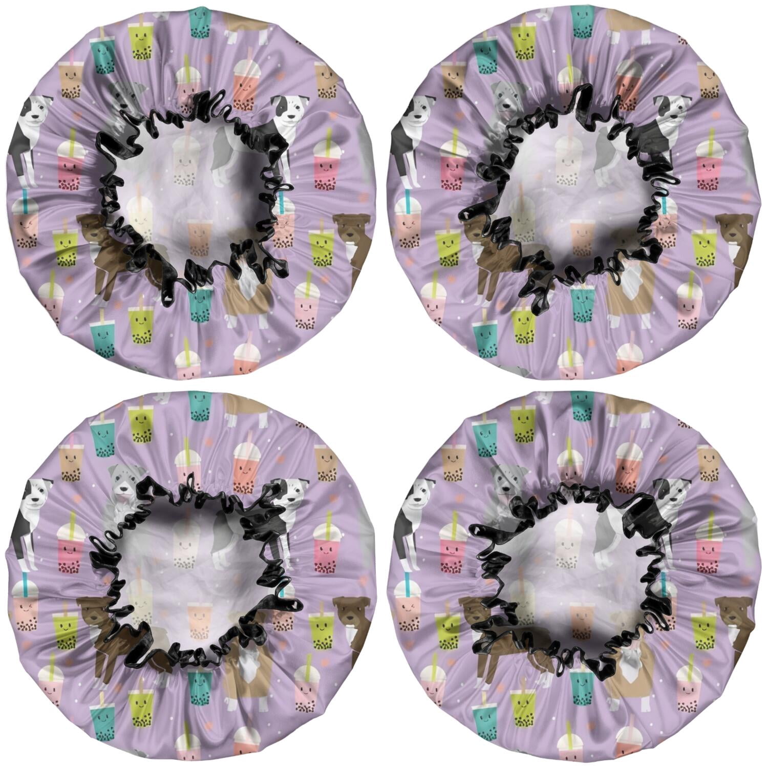 Shower Caps,Boxer Dog Pitbull Terriers Dog and Drinks Waterproof Shower Cap for Women 4 Pieces,Double Reusable Hair Cover for Shower PEVA Elastic Stretch Hem