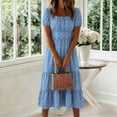 thumbnail image 5 of Bxsruta Women's Square Neck Short Sleeve Midi Dress Tiered Ruffle a Line Flowy Swing Dress Casual Elastic Waist Pull on Print Summer Spring Party for Daily Wear Beach Holiday, 5 of 8