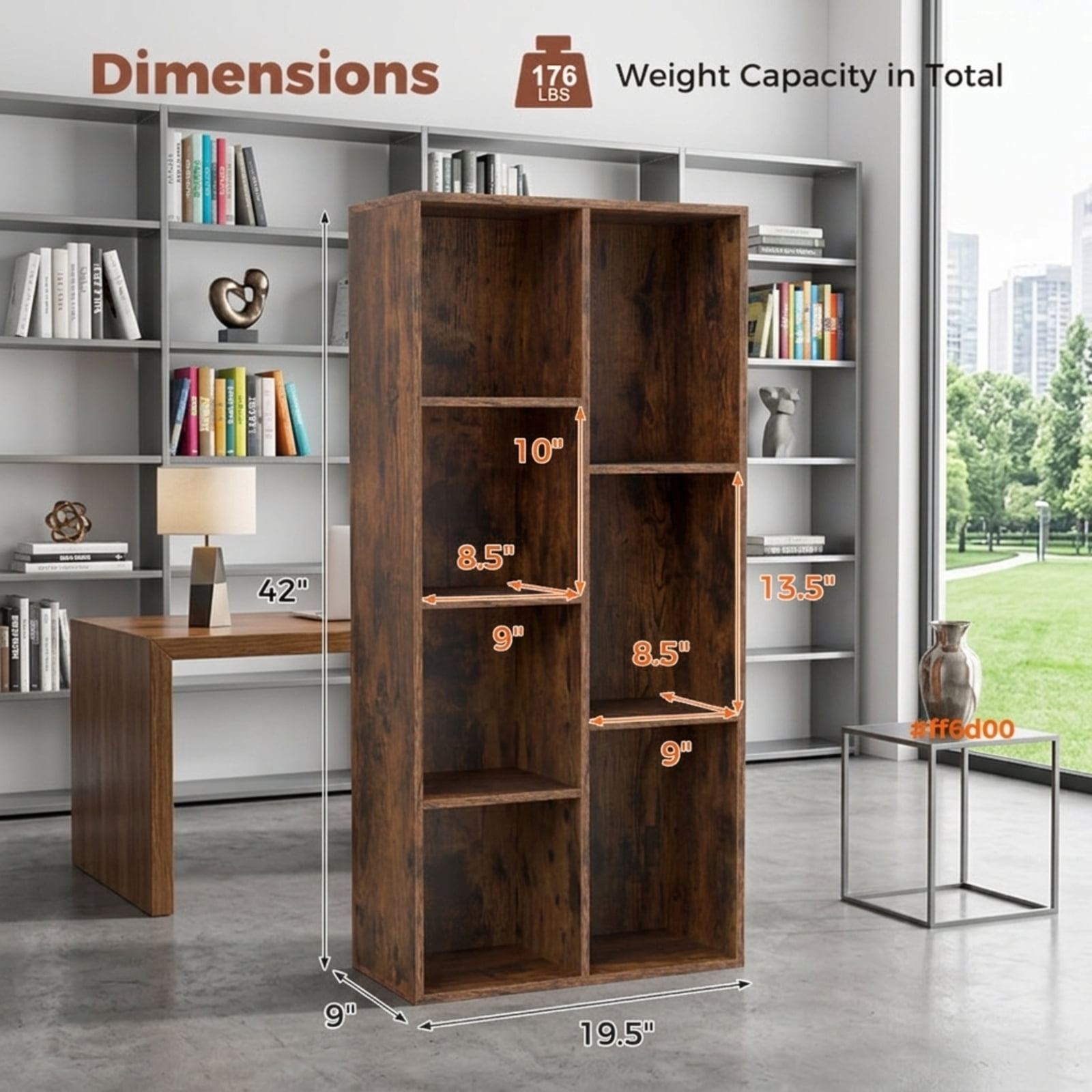 Furnibear Vertical or Horizontal Freestanding Bookshelf with 7 Compartments and Anti-Tipping Kits for Living Room Study, Rustic Brown