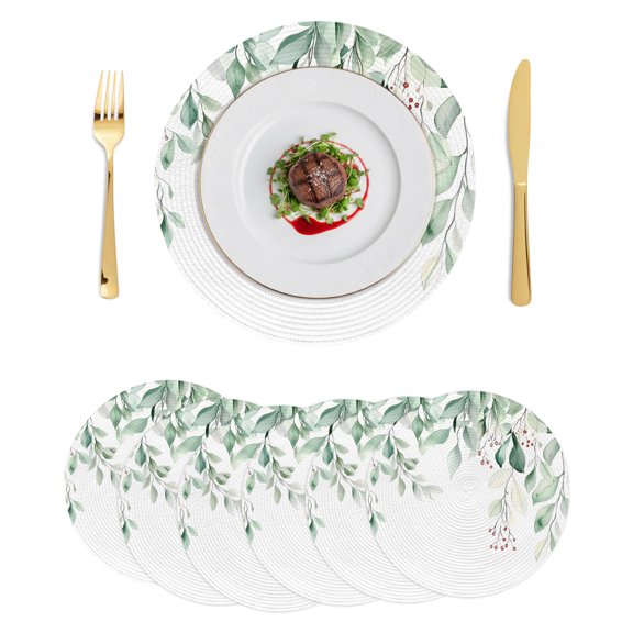 Round Placemats Spring Eucalyptus Leaves 15 inch Set of 6 Table Mats for Dining Table Watercolor Heat Resistant Non-Slip Kitchen & Home Decorative Place Mat Set