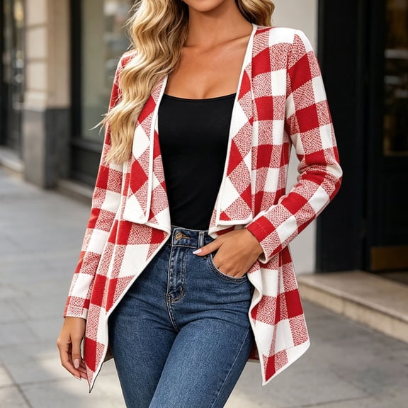 Warop Women's Plaid Button Cardigan Long Sleeve Loose Casual Fall Lightweight Open Front Outerwear Top Everyday Daily Wear