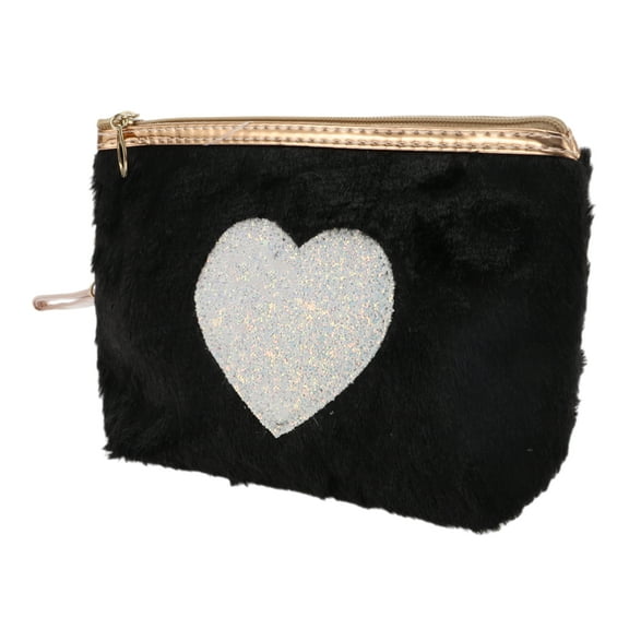 1 Pc Women Portable Heart Style Makeup Bag for Travel Vacation Wedding Black Plush