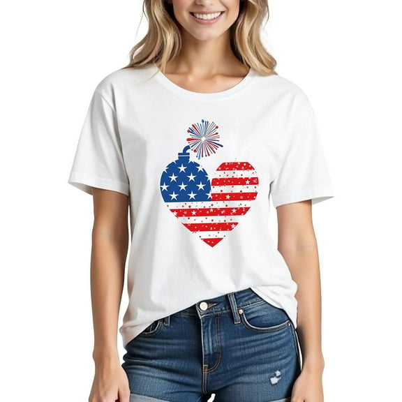 Kmdttou Personalized Custom POD T-Shirts Womens Summer Tops Independence Day Printed Short Sleeved Crewneck T-shirt Gift for Women
