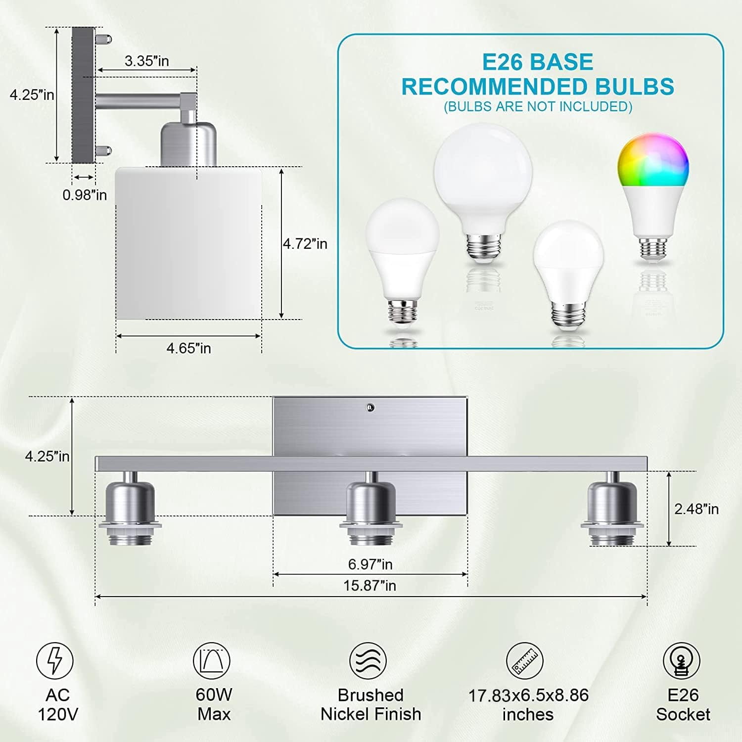 3-Light Bathroom Light Fixtures Over Mirror Brushed Nickel, Anti-Rust Bathroom Vanity Lights for Mirror, Bedroom, Modern Wall Sconces E26 Base, Milky White Glass Shades, Bulbs Not Included