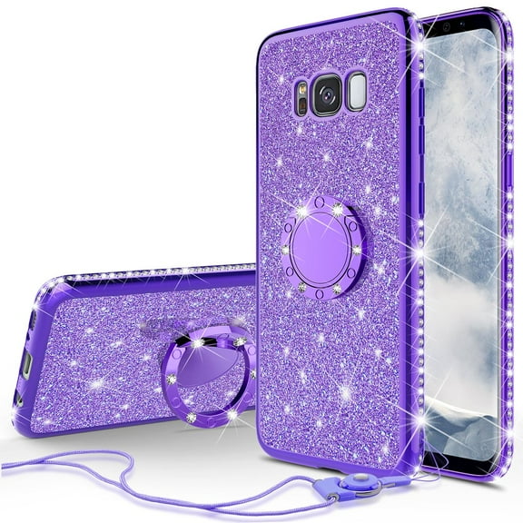 Samsung Galaxy S8 Plus Case Glitter Ring Stand Phone Case, Bling Diamond Rhinestone Bumper Ring Stand Sparkly Luxury Clear Thin Soft Protective Kickstand Cover for Girls Women - Purple