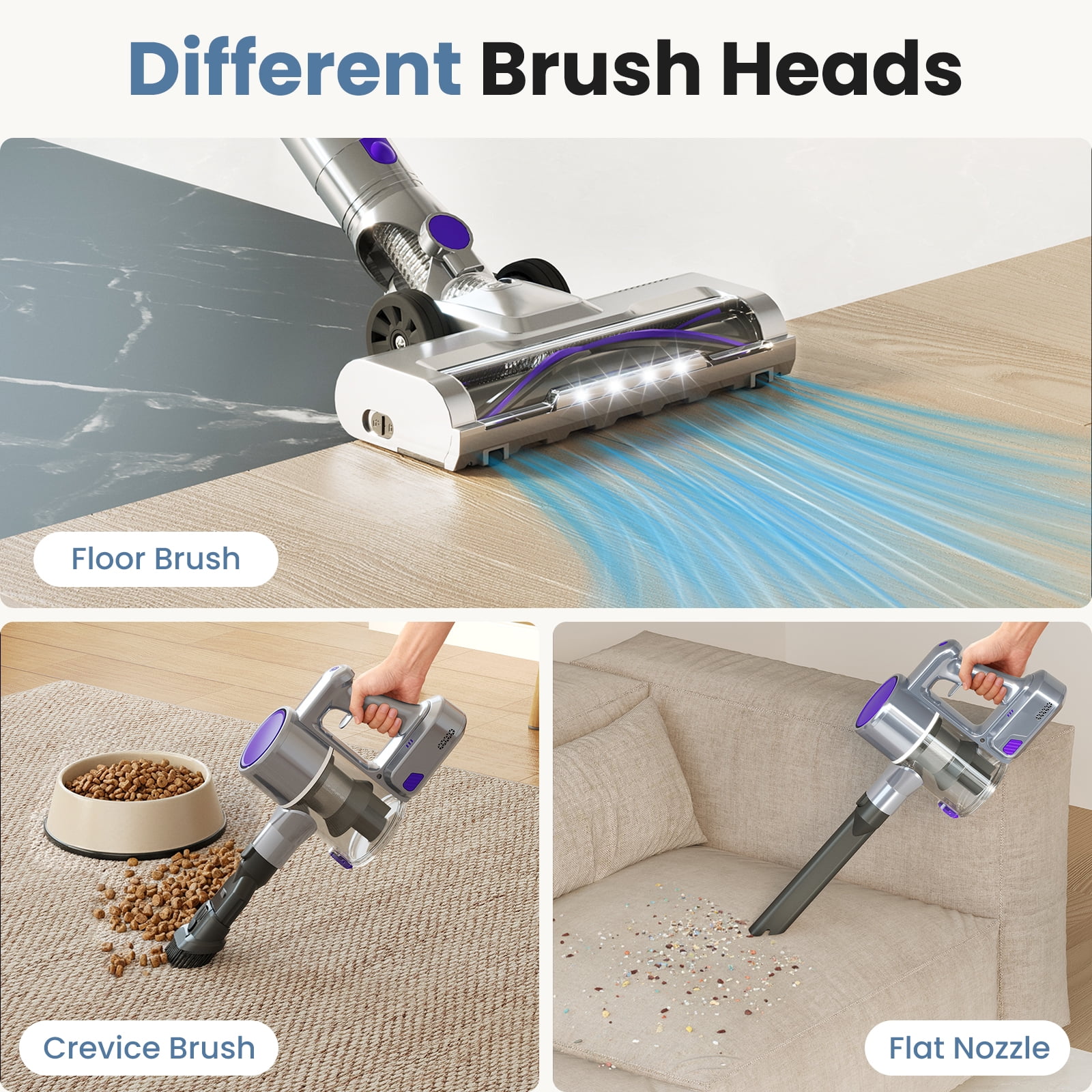 MCQ 3-in-1 Cordless Stick Vacuum Cleaner, Lightweight with LED Headlight for Carpet, Floor & Pet Hair, Purple-Yellow