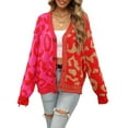 thumbnail image 3 of Women Slouchy Checkered Cardigan Open Front Oversized Vintage Graphic Sweaters Plaid Knit Outwear Coat Wine Red M, 3 of 8