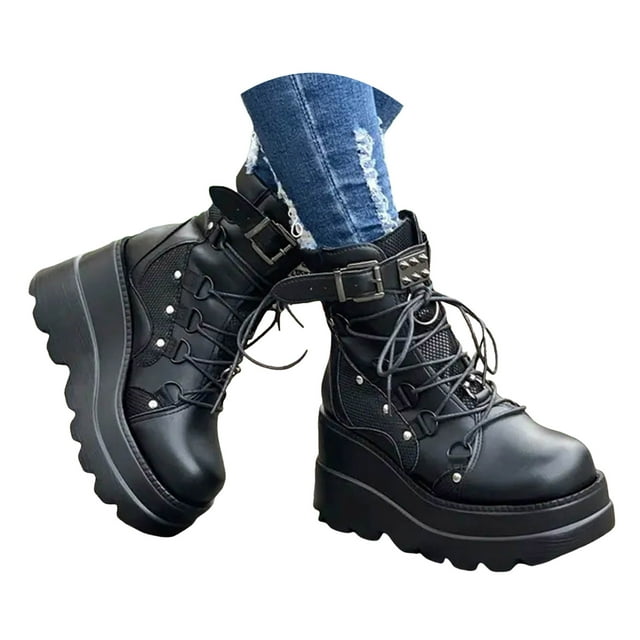 Leozcaa Bottes Plateforme Gothiques pour Femmes Talon Haut Épais Bout Rond Bottines de Combat Chaussures de Moto