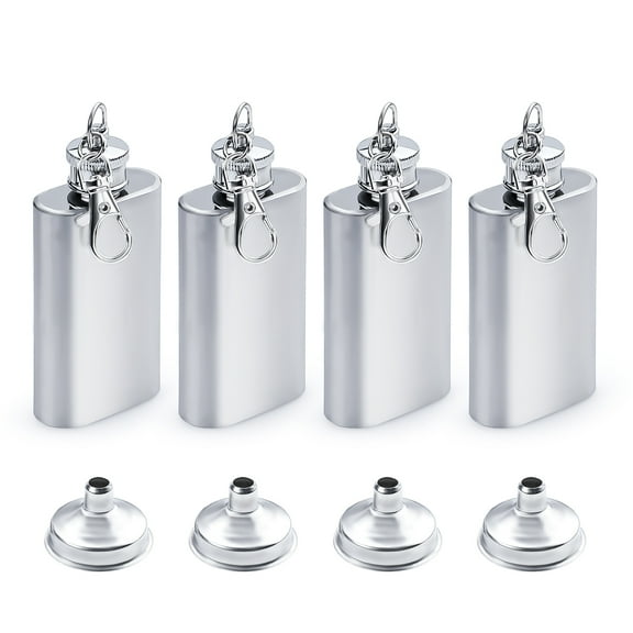 Sekonow 4 Pack 2oz Mini Flask Keychain, Leakproof Pocket Stainless Steel Small Hidden Hip Tampon Flask for Women Men, Liquor Alcohol Whiskey Wine Bottle with 4 Funnels