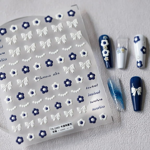 Flower Nail Stickers 5D Embossed Nail Art Stickers Decals Bows Plumeria Floral Nail Design Stickers for Women Girls Self-Adhesive Nail Art Decoration