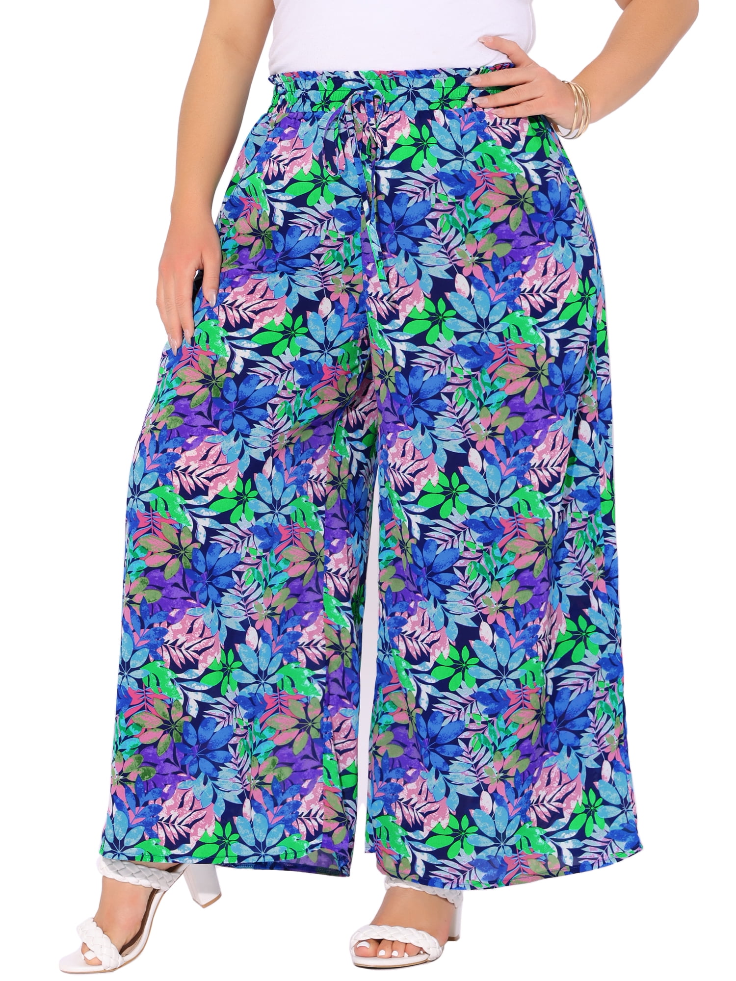 DARING DIVA Women's Plus Boho Floral Palazzo Trousers Pants 4X Dark Blue Purple