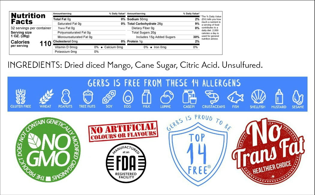 GERBS Dried Mango Cubes 2 lbs | Freshly Dehydrated Resealable Bulk Bag | Top Food Allergy Free | Sulfur Dioxide Free Diced Mangoes | Gluten & Peanut Free