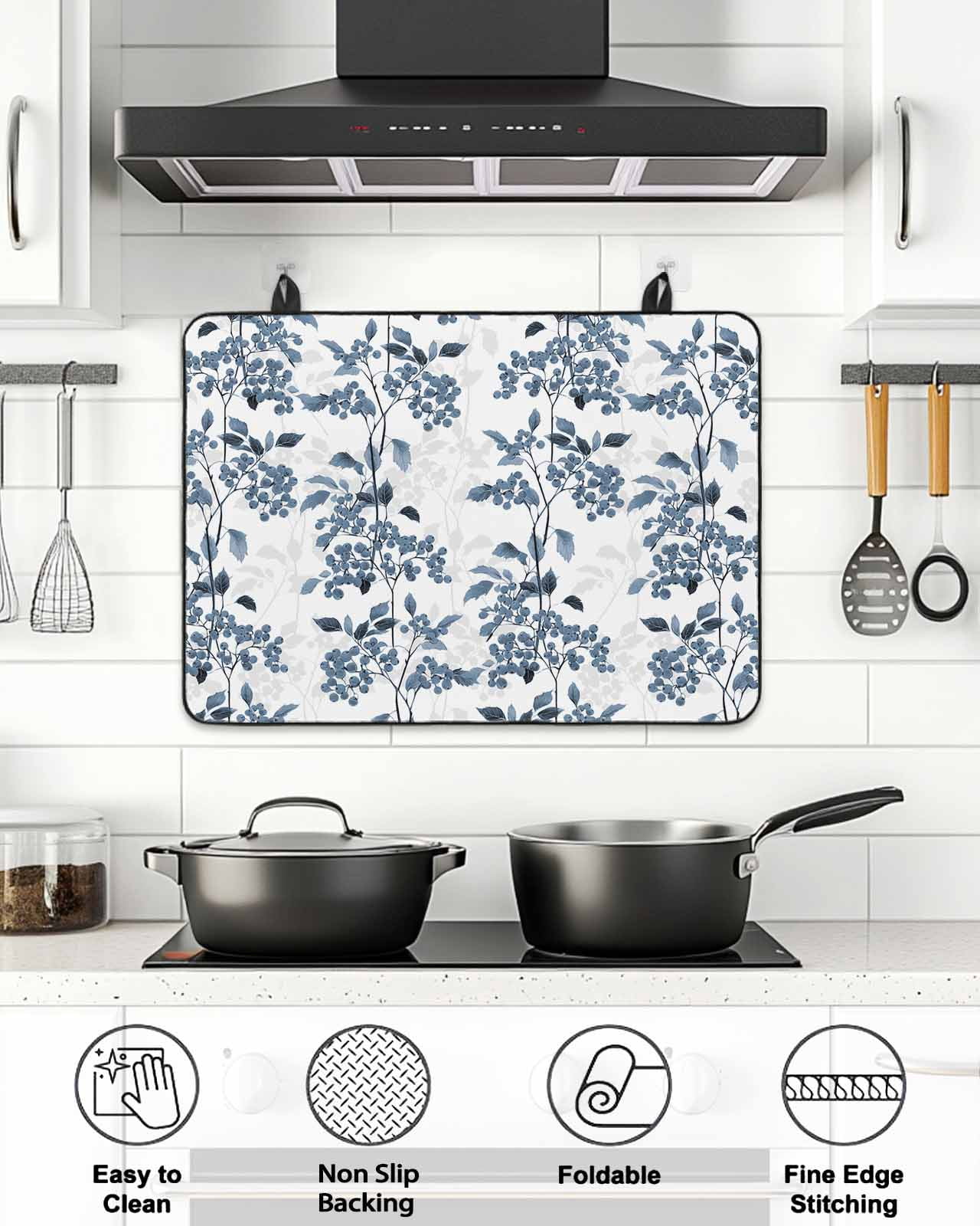 Stove Top Covers for Electric Stove, Blue Fruit Glass Stovetop Cover Protector, Vintage Plant Nature Botanical Flower Floral Induction Cooktop Protector Oven Mat for Kitchen Countertop 31"x24"