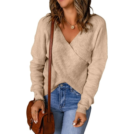 Asyoly Women Sexy Cross Wrap Sweaters V Neck Long Sleeve Solid Color Asymmetric Hem Backless Knitted Pullover Elegant Jumper Tops