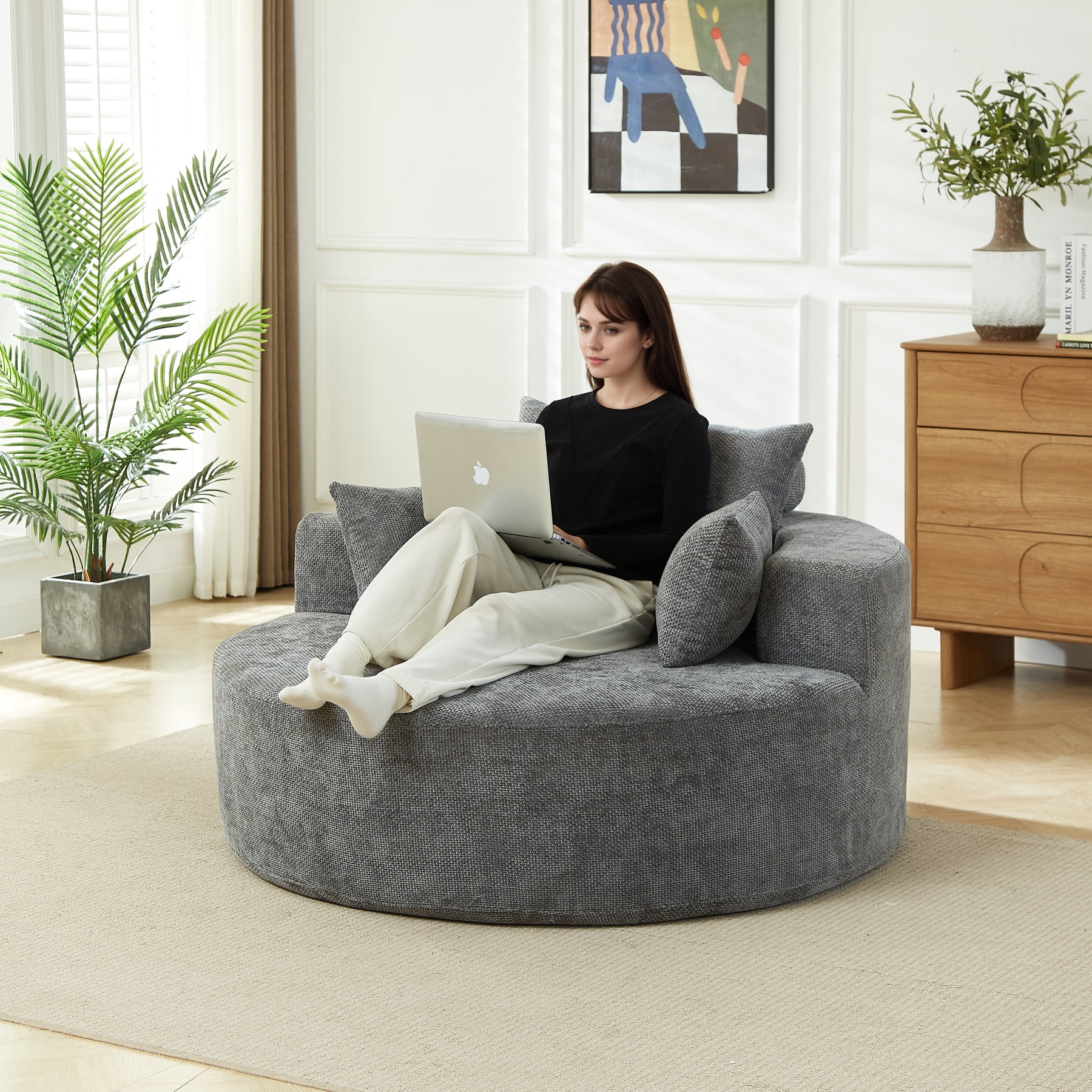 Leumius 55'' Oversized Round Chaise Longue Chair,Upholstered Chenille Single Cloud Circle Sofa Chair with Deep Seat,Fluffy Modern Sleeper Sofa Bed for Reading,Living Room,Bedroom,