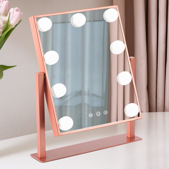 BWLLNI Makeup Mirror with Lights, Hollywood Mirror Lighted Vanity Mirror with 9 LED Bulbs, Touch Control Design 3 Colors Dimmable Bulbs Detachable 10X Magnification 360�