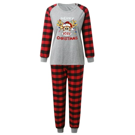 

ERTUTUYI Women Mom Merry Christmas Pajamas Deer Letter Long Sleeve Pajamas PJ s Plaid Family Matching Xmas Sleepwear Loungewear Pants Set Gray XL