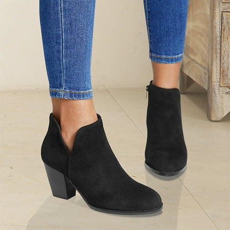 

Women‘s Chunky Heel Ankle Boots Round Toe Zipper Cut On Suede High Heel Booties Women‘s Footwear