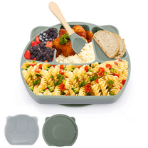 Achort Baby Suction Plate with Lid, Silicone Kids Self Feeding Training Plate with Spoon