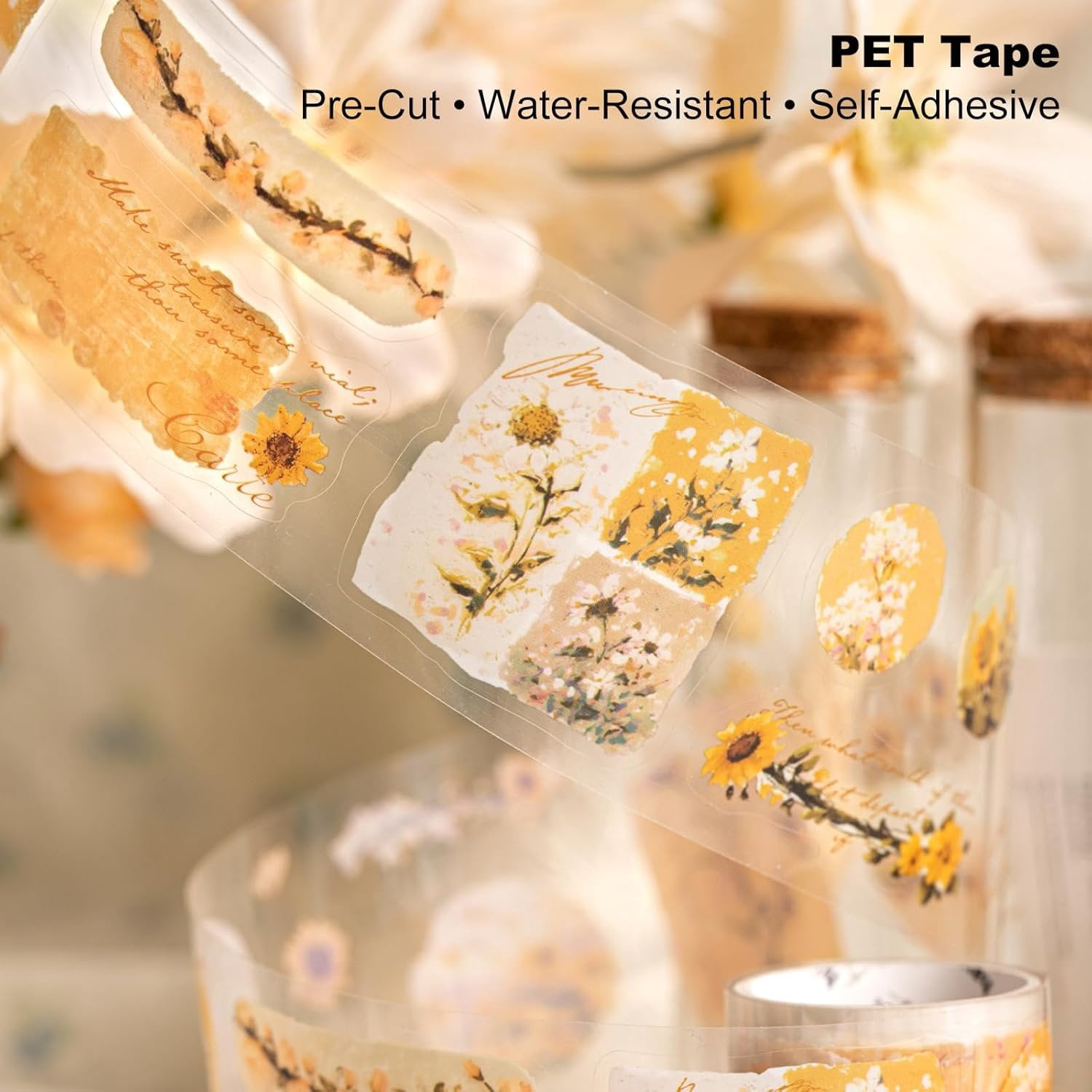 6 Rolls Floral Pre-Cut PET Sticker Tape Set, 1.97in x 78.7in Each,  Botanicals & Script for Scrapbook Journals, Planners, DIY Decor
