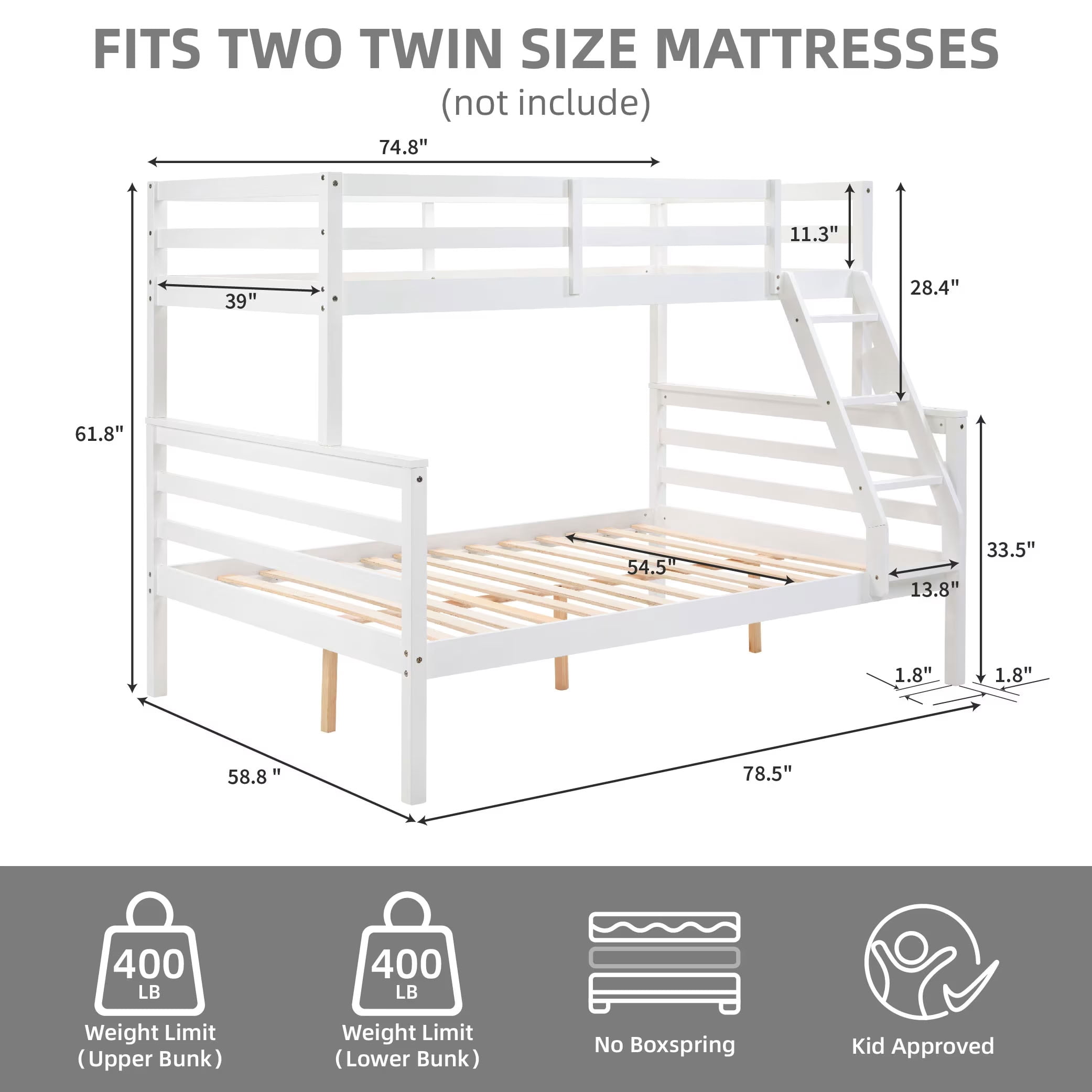 MAYEERTY Twin over Full Wooden Bunk Bed with Ladder and High Guardrail, Space-Saving Bunk Bed for Kids, Teens, Dorm Rooms, and Guest Rooms