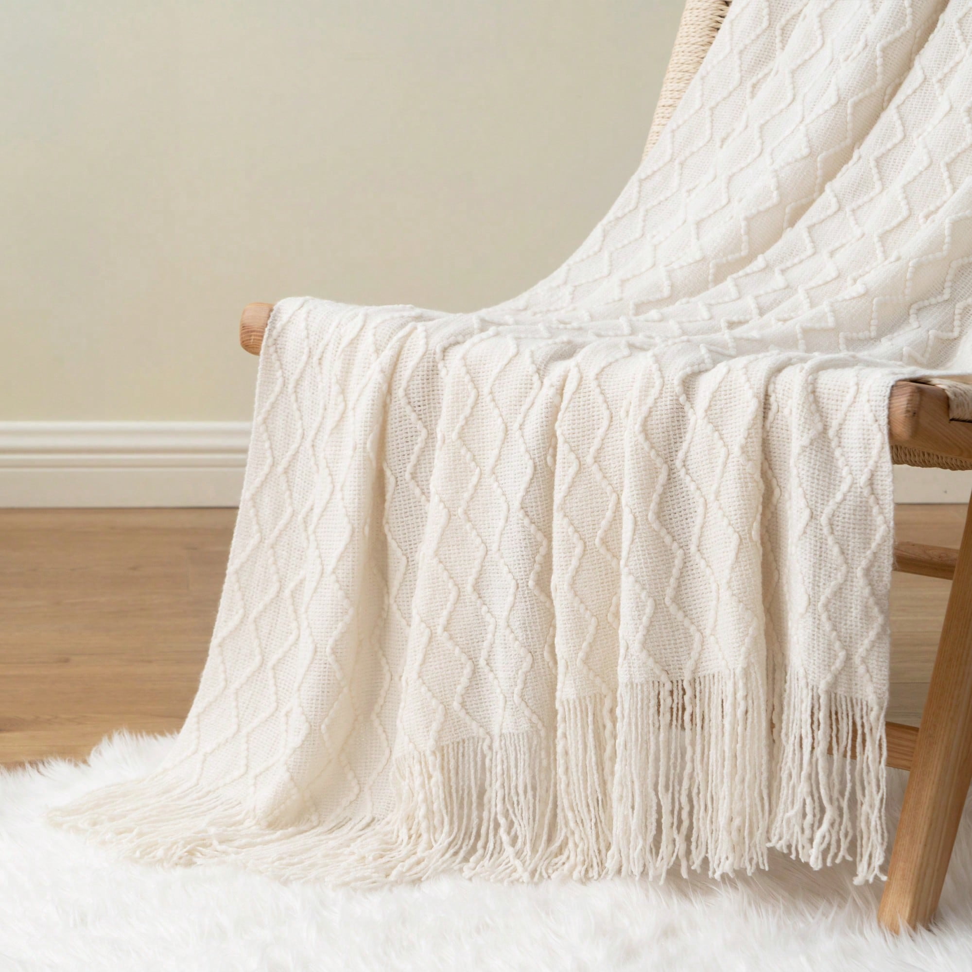 Battilo Ivory White Knitted Throw Blanket, Boho Decorative Throws,Lightweight Knit Blanket for Sofa,50"x60"
