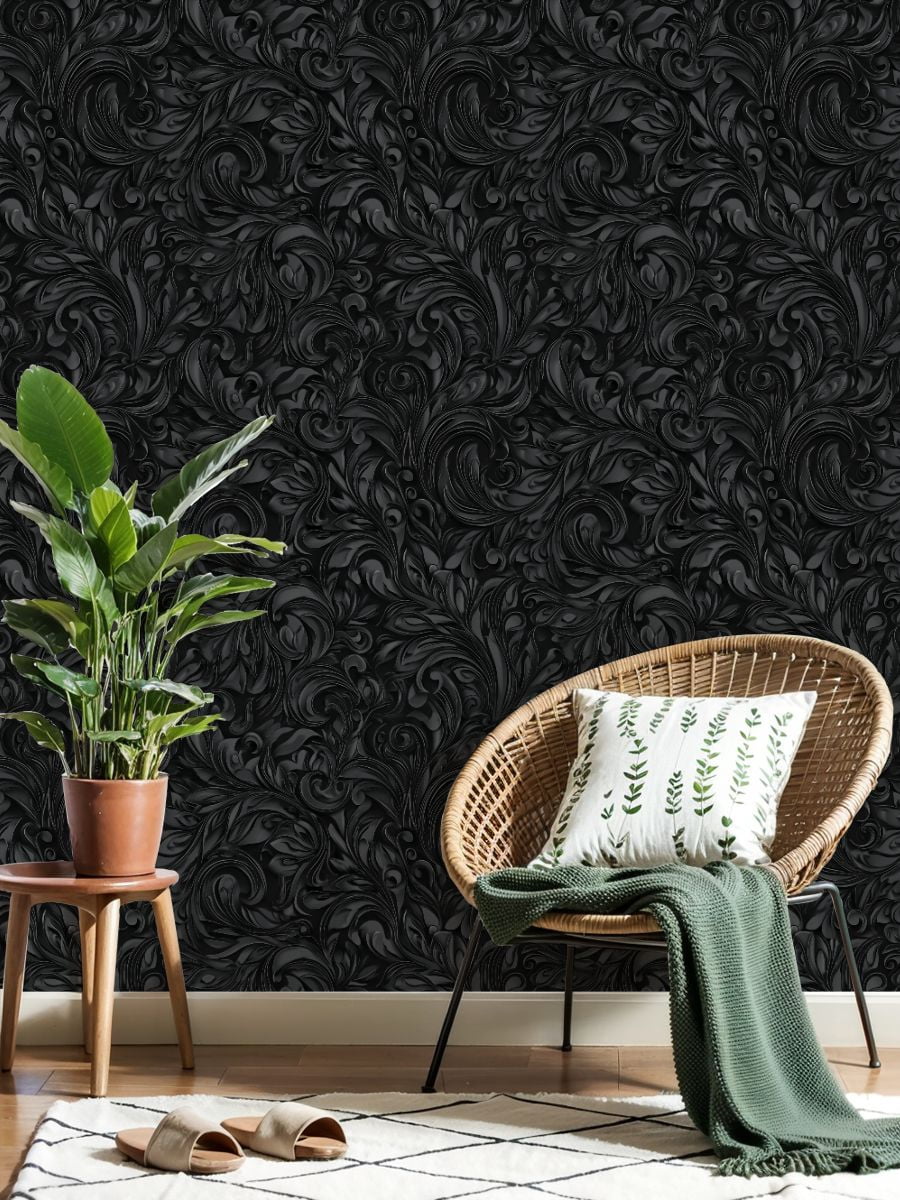 Peel and Stick Wallpaper Black Gray Floral Embossed Swirling Curves Intricate Wall Mural 17.7in x 9.8ft Self Adhesive Removable Wall Paper Renter Friendly Wallpaper for Nursery Bedroom Cabinets