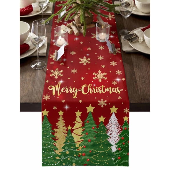 Table Runner Dresser Scarves 90 Inch Long,Green Christmas Tree on Red Linen Dining Table Runners