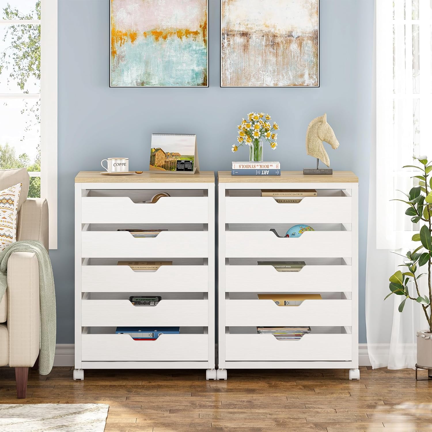 PurelyGoods 5-Drawer File Cabinet, Wood Mobile Storage Drawer Unit, Modern Office Cabinet with Drawers & Wheels, Rolling Printer Stand for Home Office (White)