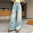 thumbnail image 2 of XQYLOS Girls High Waist Fleec𝖾 Lined Jeans with Pockets, Cute Graphic Wide Leg Denim Pants, Thickened Warm Winter Elastic Waist Trousers, 2 of 6