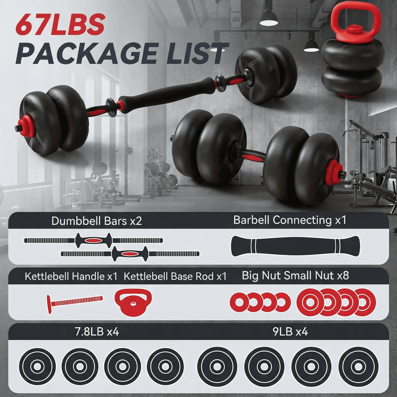 LIFERUN Adjustable Dumbbell Set, Soft PVC, 45lbs/67lbs Free Weight Set. 4-in-1: Barbell, Dumbbells, Kettlebell, Weight Plates, Red