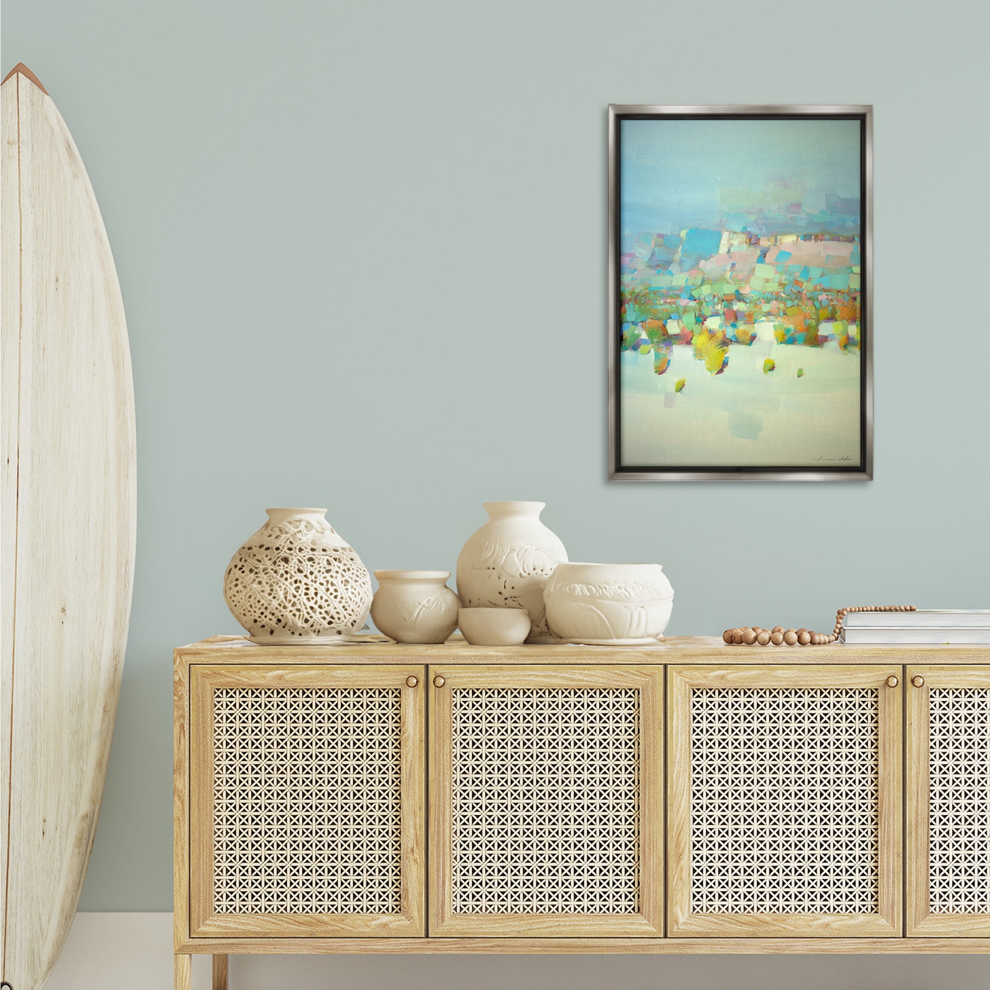 Stupell Industries Contemporary Beach Landscape Abstract Painting Gray Floater Framed Canvas Art Print Wall Art, 21 x 31