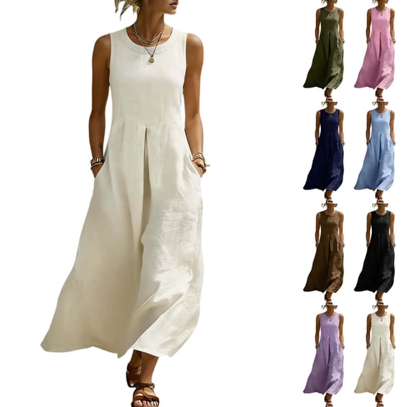 Lovzfmll Relaxed Pocket Tank Shift Maxi Dress for Women, Loose Crew Neck Sleeveless Casual Dress Light Blue, 2XL