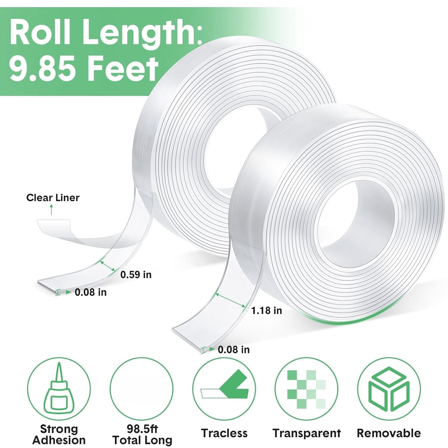 10 Rolls Double Sided Tape Heavy Duty 0.59 in + 1.18 in Total 98.5 ft Two Sided Adhesive Tape Transparent DIY Nano Tape for Wall Carpet Photo Car Posters Party Decoration