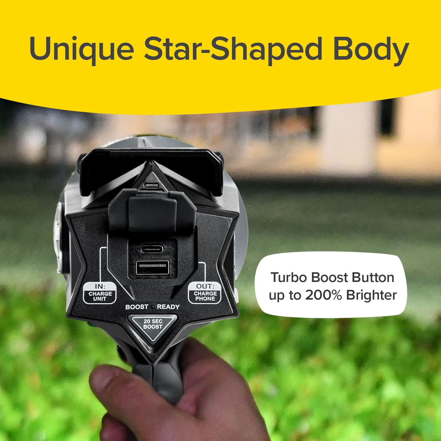 Star Patrol Platinum Mega-Bright Rechargeable Spotlight, AS SEEN ON TV, Tactical Flashlight, 10 Modes, Turbo Boost Up to 100%, Built-in Kickstand & Phone Charger, for Camping,Emergencies, 9 in, Black