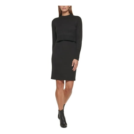 CALVIN KLEIN Womens Black Ribbed Long Sleeve Mock Neck Above The Knee Evening Sweater Dress XL