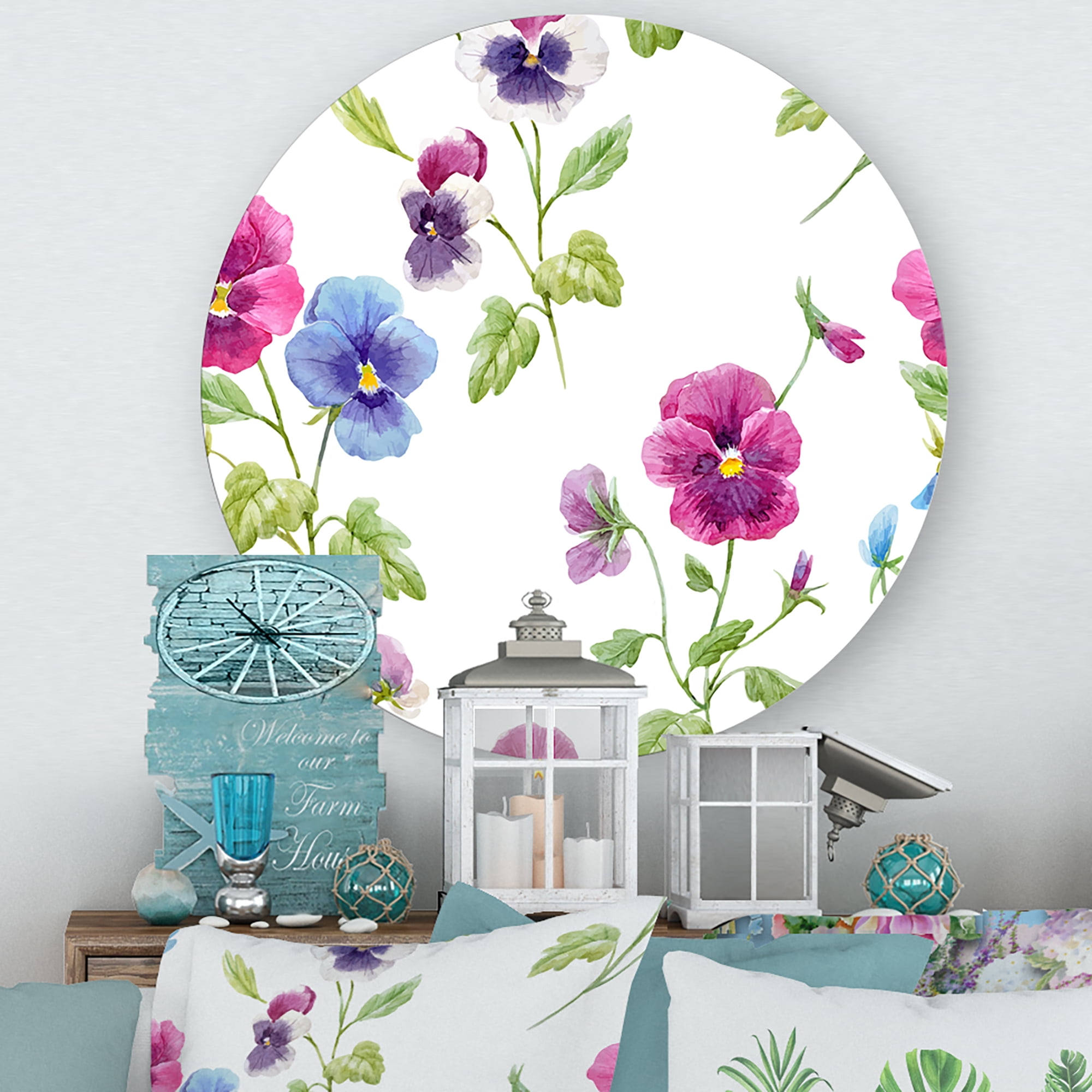 Designart 'Blue and Pink Pansy Flowers II' Traditional Circle Metal Wall Art 23x23 - Disc of 23