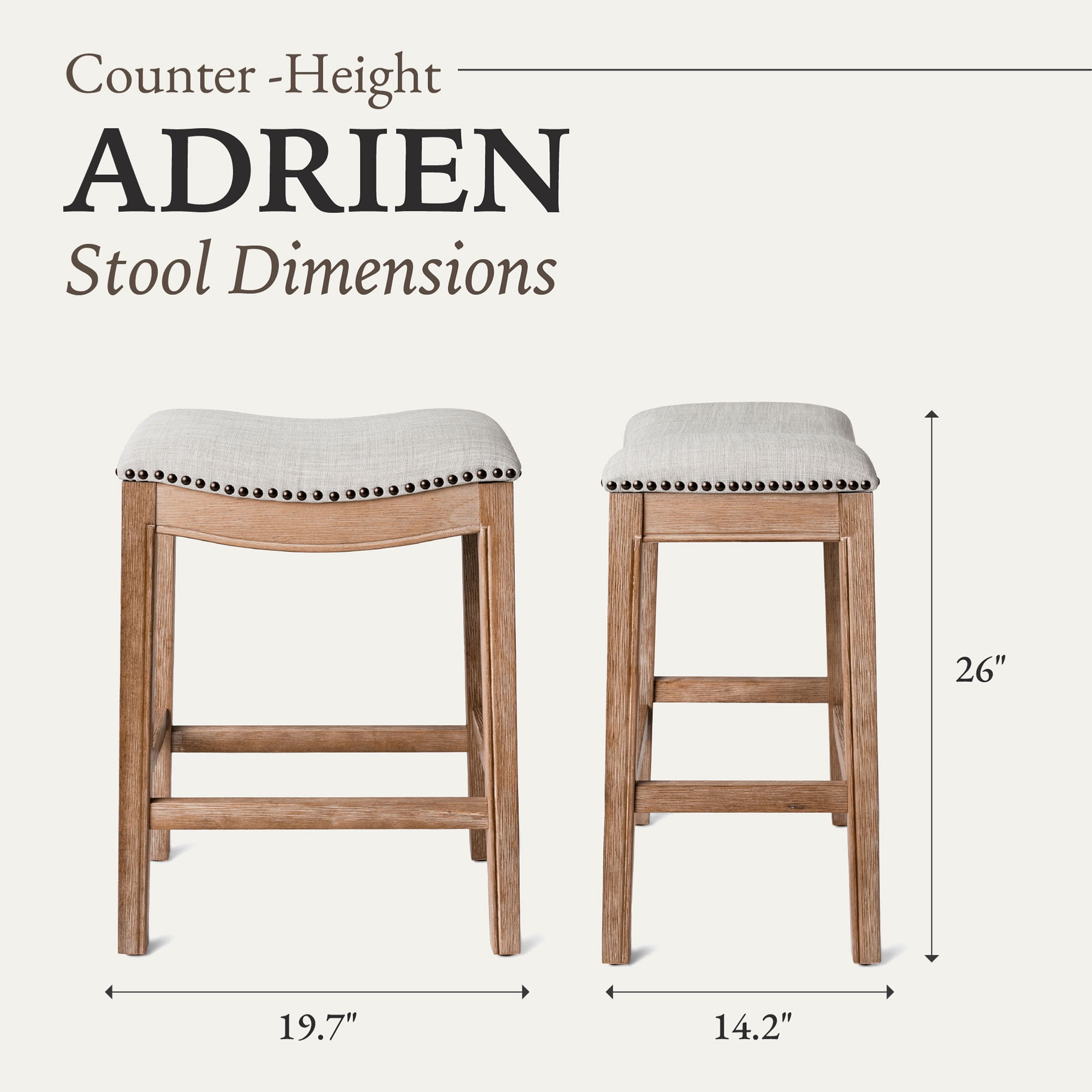 Maven Lane Adrien Saddle Counter Stool In Weathered Oak Finish With Sand Color Fabric Upholstery