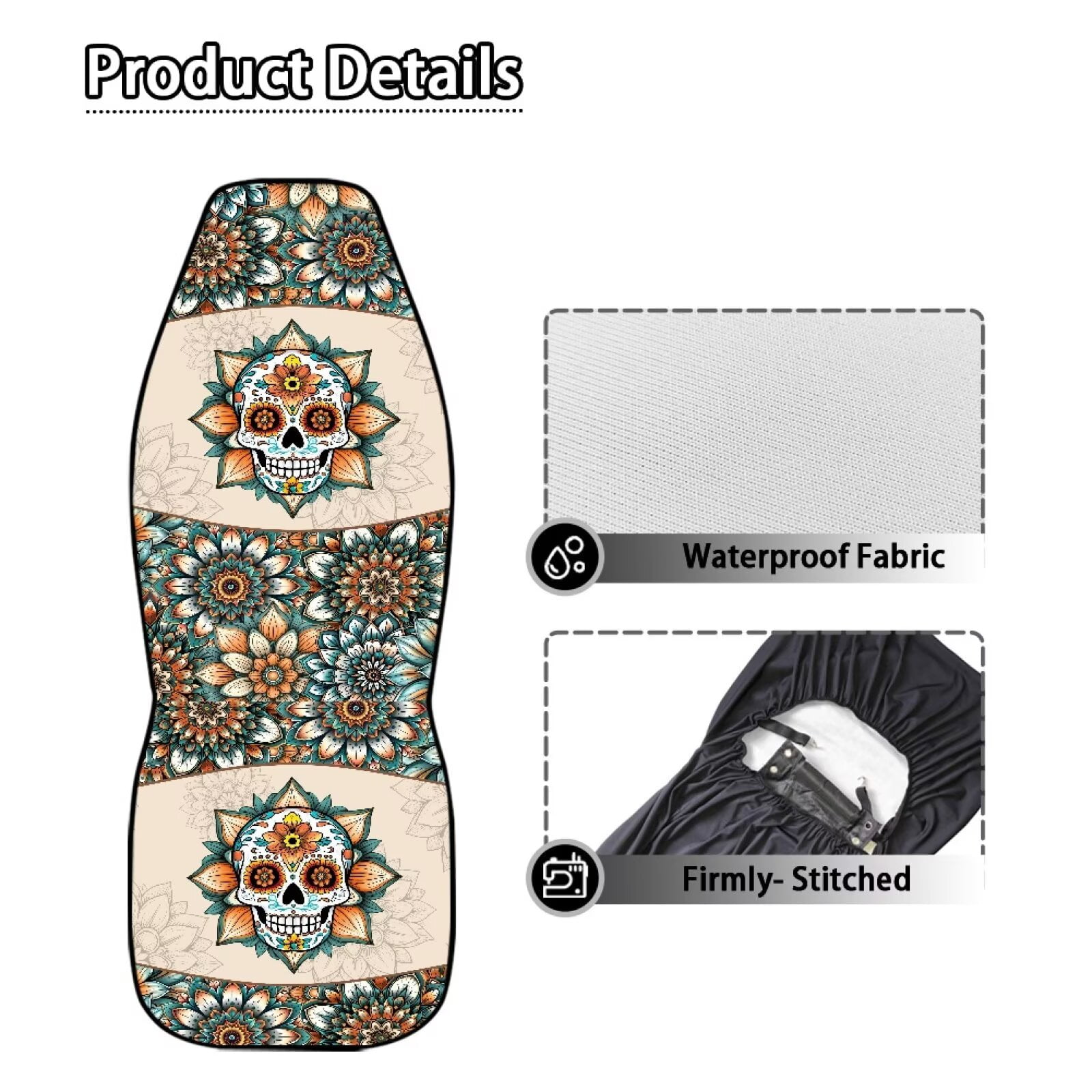 Yuyamidu Skull Car Seat Covers Set of for 2 Front Seats, Boho Mandala Flower Auto Accessories Decor Universal Fit for Car Truck SUV
