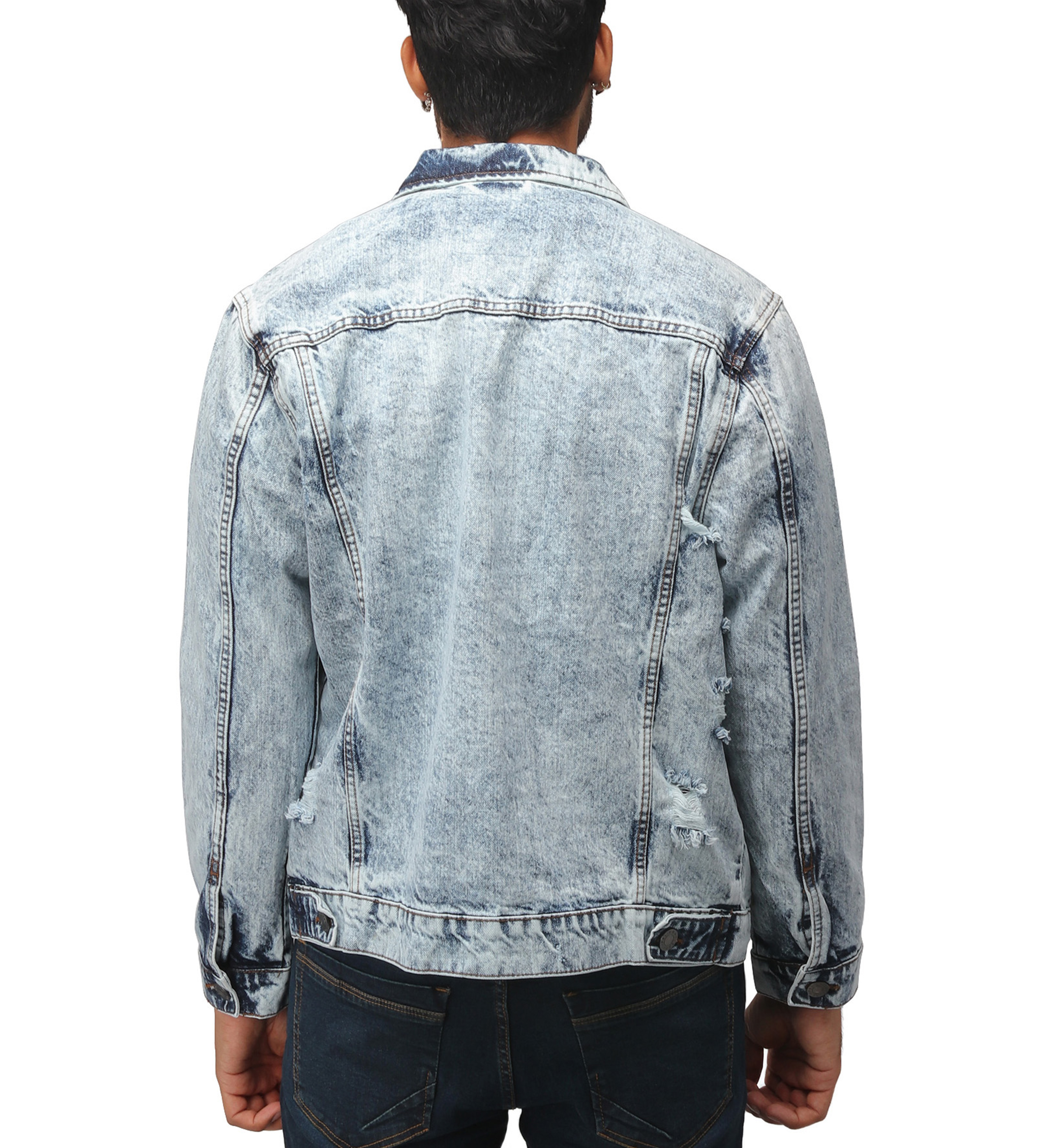 X RAY Men's Denim Jacket, Washed Ripped Distressed Flex Stretch Casual Trucker Biker Jean Jacket, Acid Blue - Ripped, Small - image 3 of 9