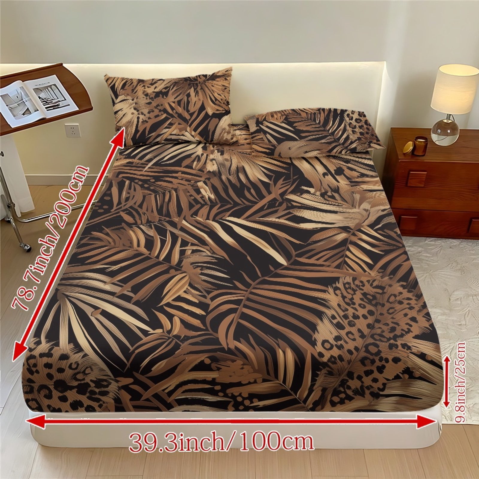 COEQINE Twin XL Size Sheet Set Soft Easy Care 3 Pieces Bedding Set Fade Resistant Stay in Place Include 1 Fitted Sheet & 2 Pillowcases for Women Men, Brown Tropical Palm Leaf