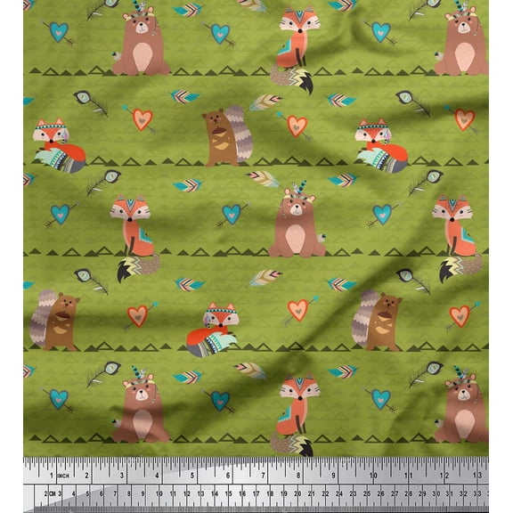 Soimoi Green Rayon Fabric Animals,Heart & Feather Tribal Printed Fabric 1 Yard 42 Inch Wide